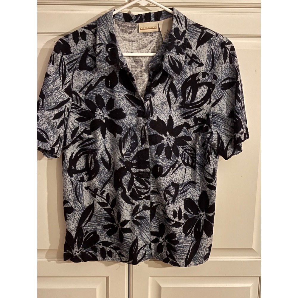 Expressions Women's Button Up Shirt‎ Linen Rayon Floral Black Blue Size 16